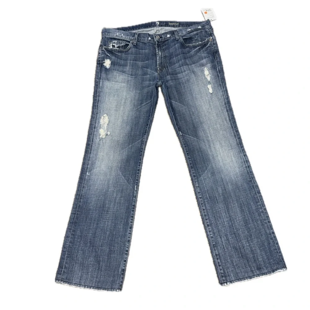 👖🛹 7 FOR ALL MANKIND Men's Y2K Blue Distressed Bootcut Jeans Made USA Sz 38x33